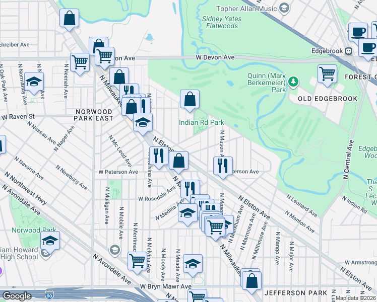map of restaurants, bars, coffee shops, grocery stores, and more near 6101 West Miami Avenue in Chicago