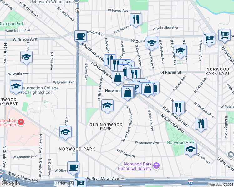 map of restaurants, bars, coffee shops, grocery stores, and more near 6017 North Northcott Avenue in Chicago