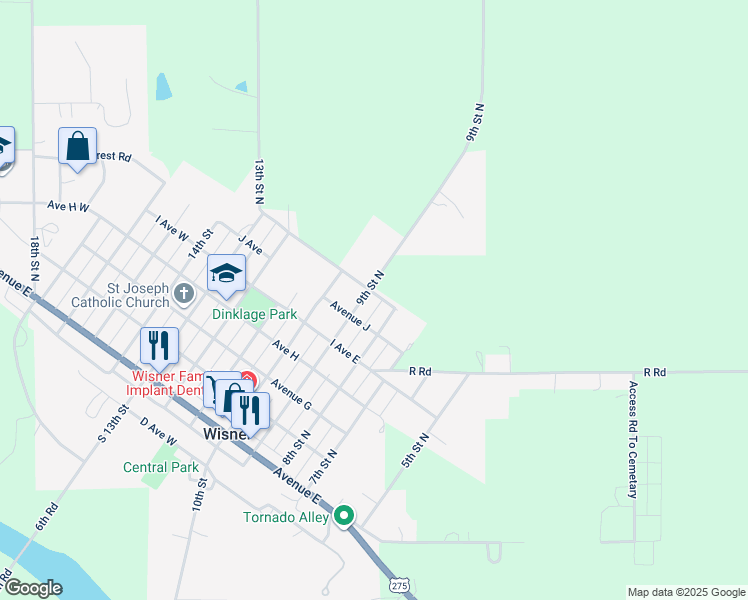 map of restaurants, bars, coffee shops, grocery stores, and more near 1001-1091 8th Street North in Wisner