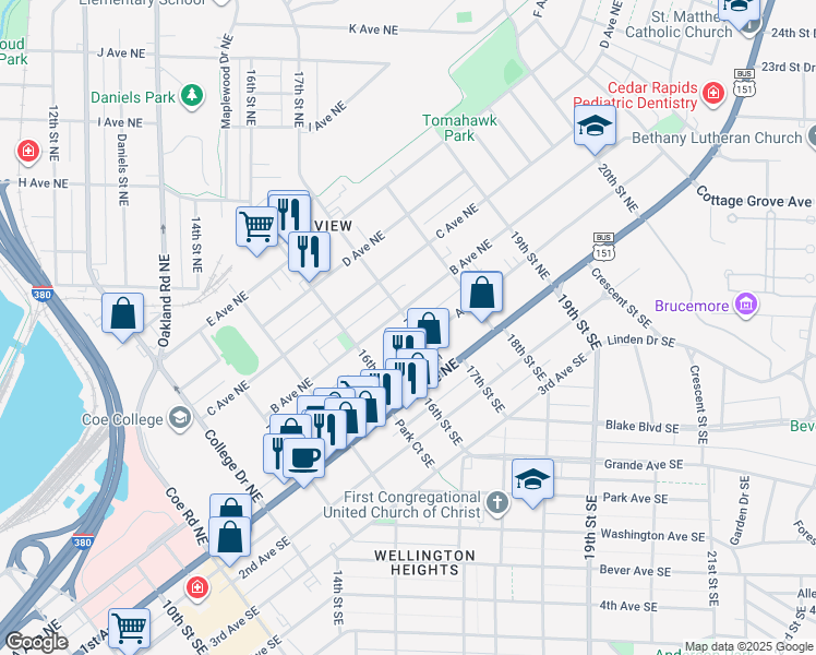 map of restaurants, bars, coffee shops, grocery stores, and more near 215 17th Street Northeast in Cedar Rapids
