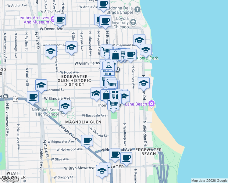 map of restaurants, bars, coffee shops, grocery stores, and more near 6019 North Broadway in Chicago