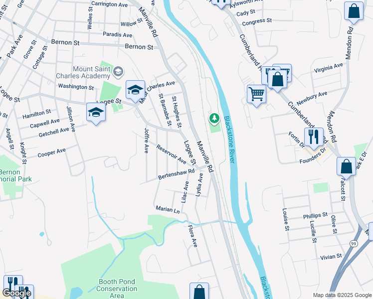 map of restaurants, bars, coffee shops, grocery stores, and more near 1191 Logee Street in Woonsocket