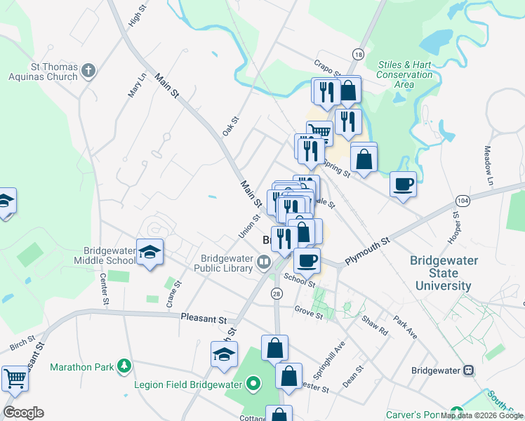 map of restaurants, bars, coffee shops, grocery stores, and more near 1 Union Street in Bridgewater