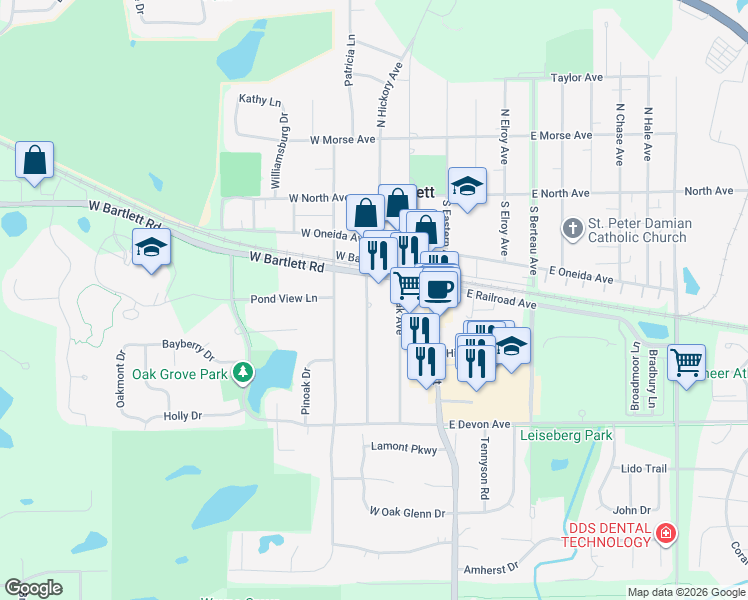 map of restaurants, bars, coffee shops, grocery stores, and more near 217 South Hickory Avenue in Bartlett