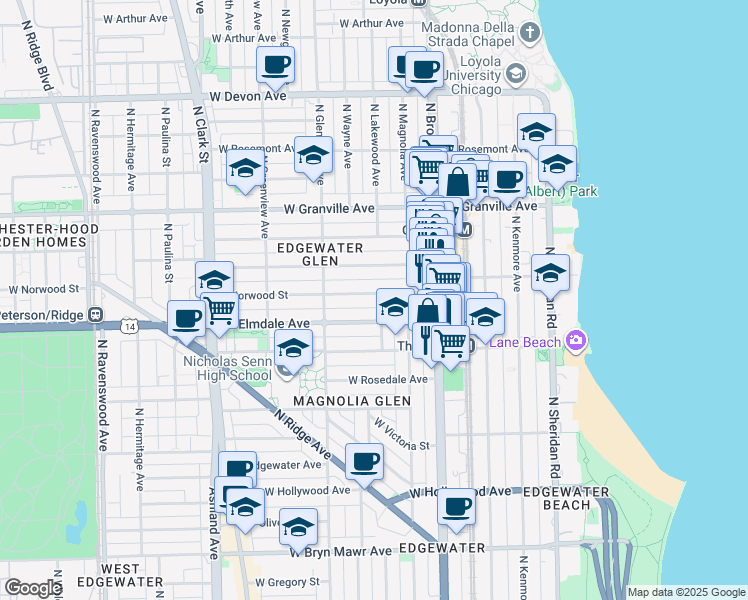 map of restaurants, bars, coffee shops, grocery stores, and more near 1303 West Norwood Street in Chicago