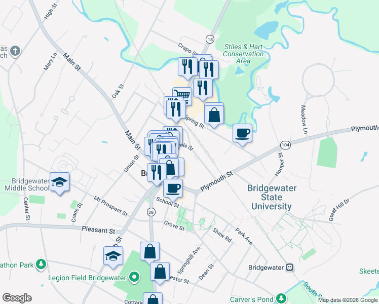 map of restaurants, bars, coffee shops, grocery stores, and more near 83 Hale Street in Bridgewater