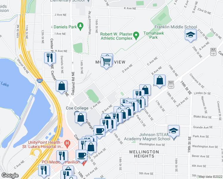 map of restaurants, bars, coffee shops, grocery stores, and more near 1514 C Avenue Northeast in Cedar Rapids