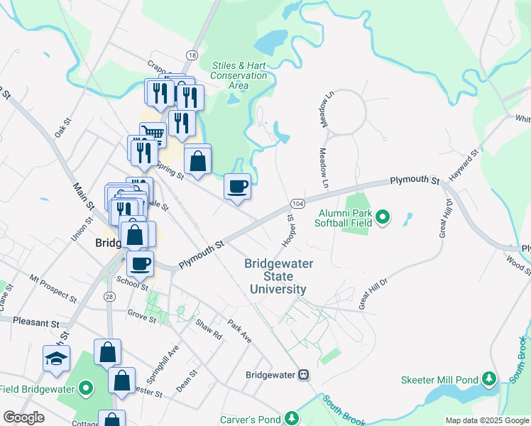 map of restaurants, bars, coffee shops, grocery stores, and more near 171 Plymouth Street in Bridgewater