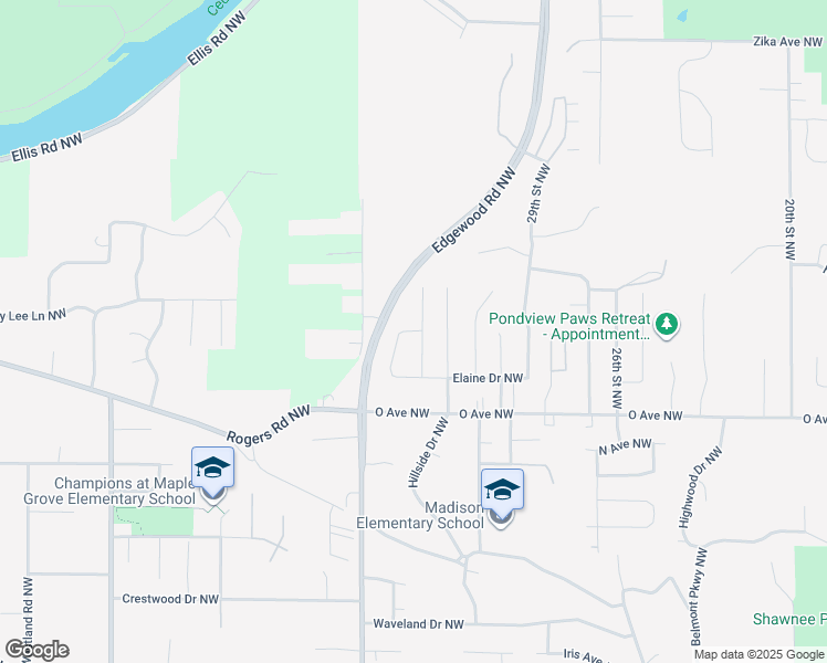 map of restaurants, bars, coffee shops, grocery stores, and more near 3298 Elaine Drive Northwest in Cedar Rapids