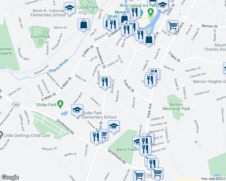 map of restaurants, bars, coffee shops, grocery stores, and more near 164 Jenckes Street in Woonsocket