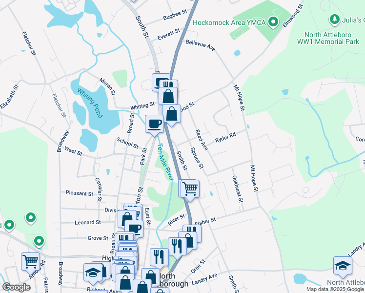 map of restaurants, bars, coffee shops, grocery stores, and more near 65 Smith Street in North Attleborough