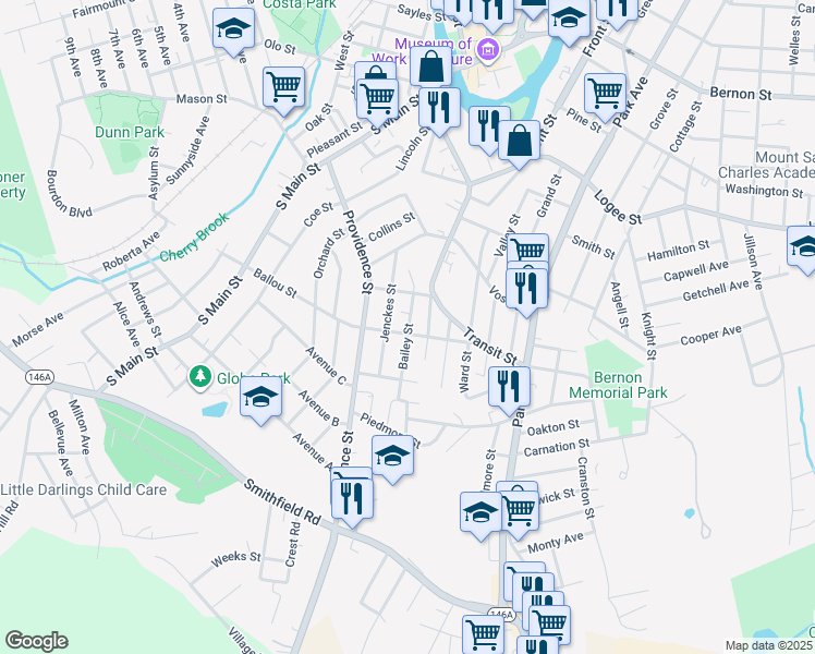 map of restaurants, bars, coffee shops, grocery stores, and more near 239 Bailey Street in Woonsocket