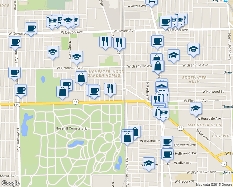 map of restaurants, bars, coffee shops, grocery stores, and more near 6001 North Wolcott Avenue in Chicago
