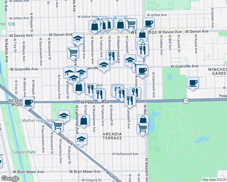 map of restaurants, bars, coffee shops, grocery stores, and more near in Chicago