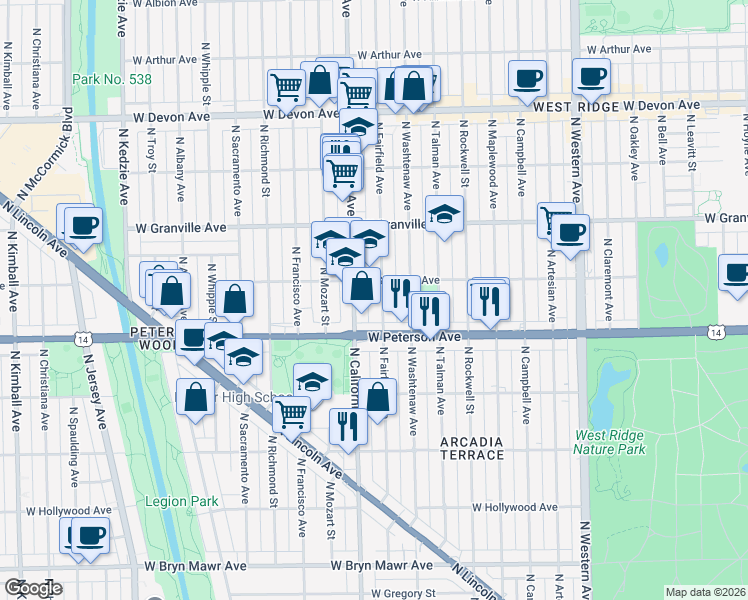 map of restaurants, bars, coffee shops, grocery stores, and more near 6017 North California Avenue in Chicago