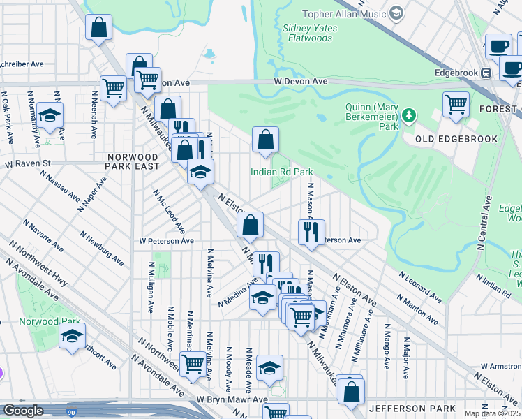 map of restaurants, bars, coffee shops, grocery stores, and more near 6101 West Miami Avenue in Chicago