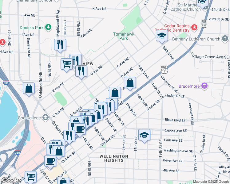 map of restaurants, bars, coffee shops, grocery stores, and more near 1700 1st Avenue Northeast in Cedar Rapids
