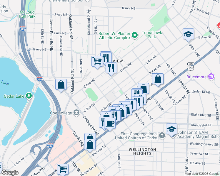 map of restaurants, bars, coffee shops, grocery stores, and more near 1514 C Avenue Northeast in Cedar Rapids