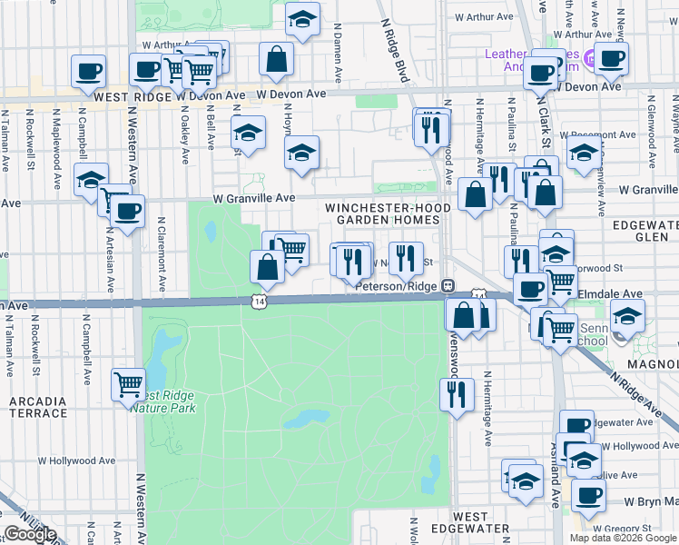 map of restaurants, bars, coffee shops, grocery stores, and more near 6030 North Damen Avenue in Chicago