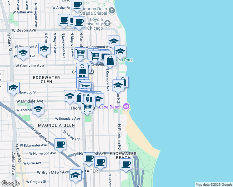 map of restaurants, bars, coffee shops, grocery stores, and more near 5956 North Sheridan Road in Chicago