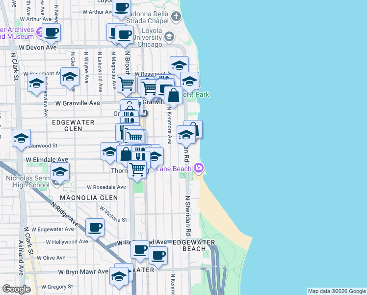 map of restaurants, bars, coffee shops, grocery stores, and more near 5956 North Sheridan Road in Chicago