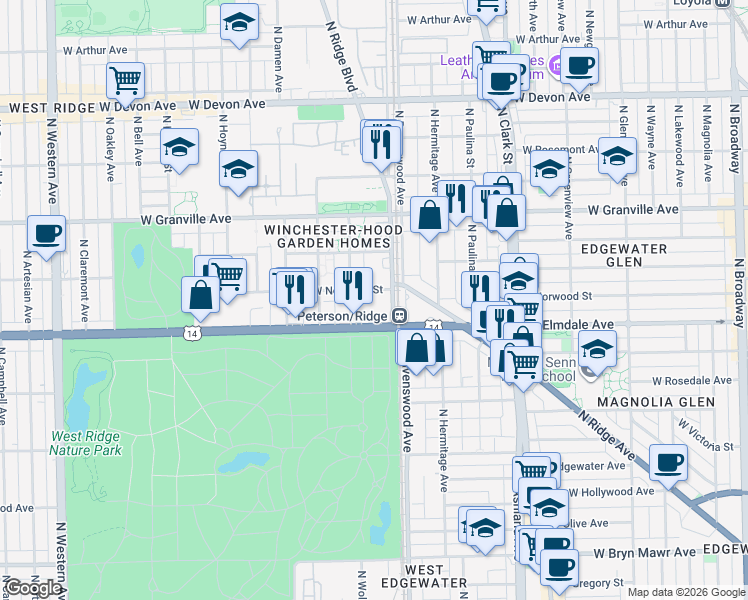 map of restaurants, bars, coffee shops, grocery stores, and more near 6001 North Wolcott Avenue in Chicago