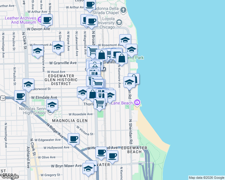 map of restaurants, bars, coffee shops, grocery stores, and more near 6021 North Winthrop Avenue in Chicago
