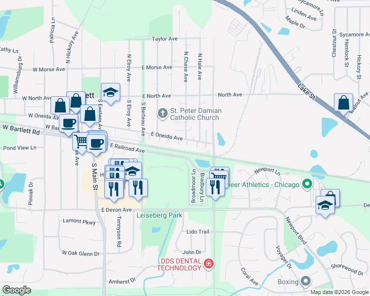 map of restaurants, bars, coffee shops, grocery stores, and more near 196 Elizabeth Court in Bartlett