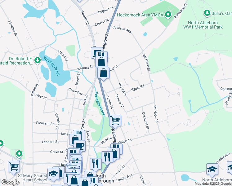 map of restaurants, bars, coffee shops, grocery stores, and more near 65 Spruce Street in North Attleborough