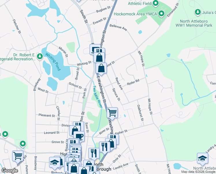 map of restaurants, bars, coffee shops, grocery stores, and more near 11 Cross Street in North Attleborough