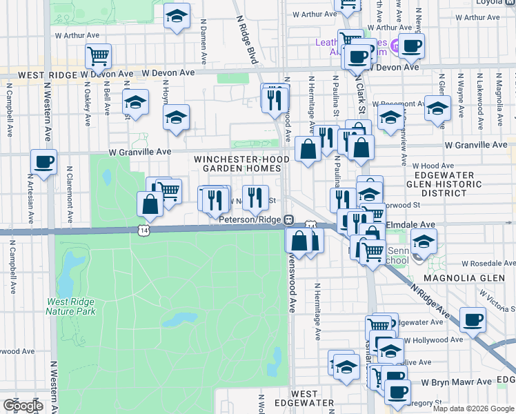 map of restaurants, bars, coffee shops, grocery stores, and more near 6031 North Wolcott Avenue in Chicago