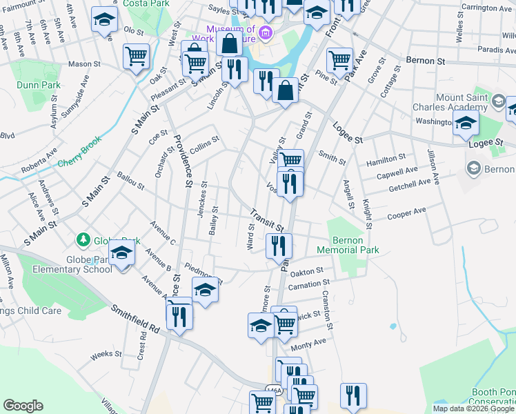 map of restaurants, bars, coffee shops, grocery stores, and more near 515 Ballou Street in Woonsocket