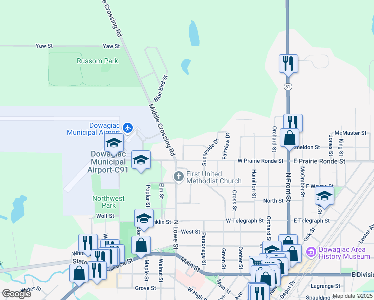 map of restaurants, bars, coffee shops, grocery stores, and more near 610 Green Street in Dowagiac