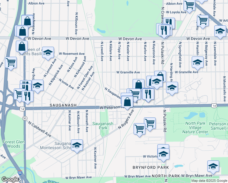 map of restaurants, bars, coffee shops, grocery stores, and more near 6087 North Sauganash Avenue in Chicago
