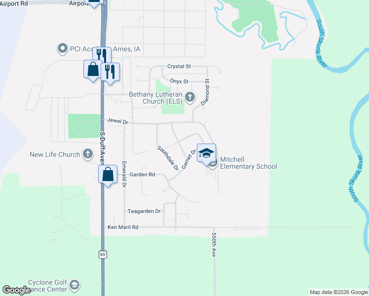 map of restaurants, bars, coffee shops, grocery stores, and more near 3425 Harcourt Drive in Ames