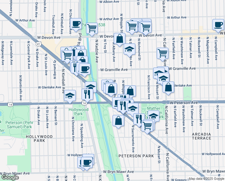 map of restaurants, bars, coffee shops, grocery stores, and more near 6046 North Albany Avenue in Chicago