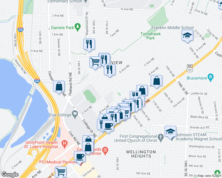 map of restaurants, bars, coffee shops, grocery stores, and more near 1544 C Avenue Northeast in Cedar Rapids