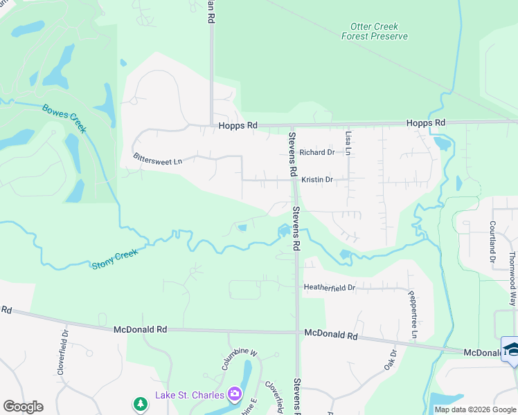 map of restaurants, bars, coffee shops, grocery stores, and more near 38W337 Stevens Lane in Elgin
