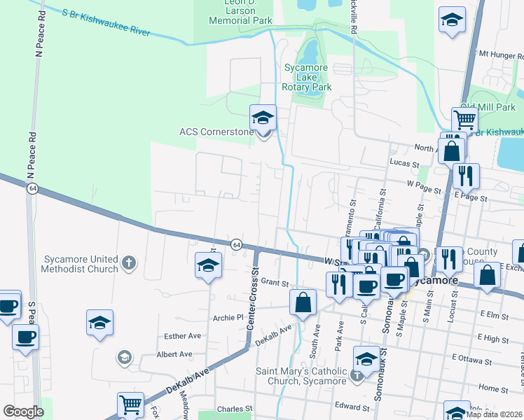 map of restaurants, bars, coffee shops, grocery stores, and more near 625 Loomis Street in Sycamore