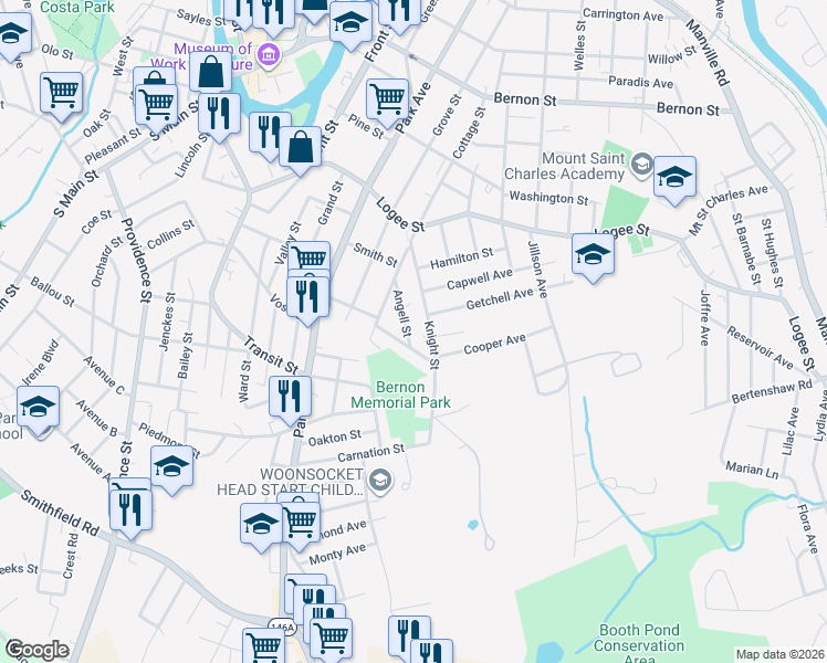 map of restaurants, bars, coffee shops, grocery stores, and more near 58 Williams Street in Woonsocket