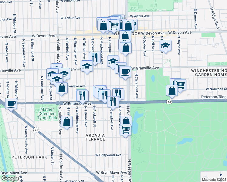 map of restaurants, bars, coffee shops, grocery stores, and more near 6014 North Artesian Avenue in Chicago
