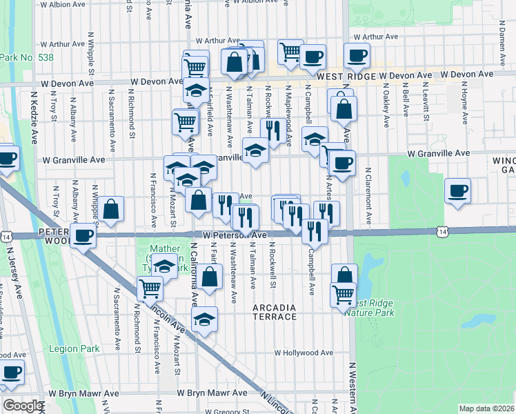 map of restaurants, bars, coffee shops, grocery stores, and more near 6019 North Talman Avenue in Chicago