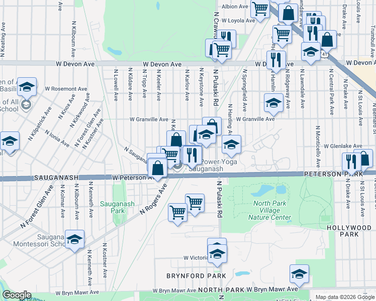 map of restaurants, bars, coffee shops, grocery stores, and more near 6027 North Kedvale Avenue in Chicago