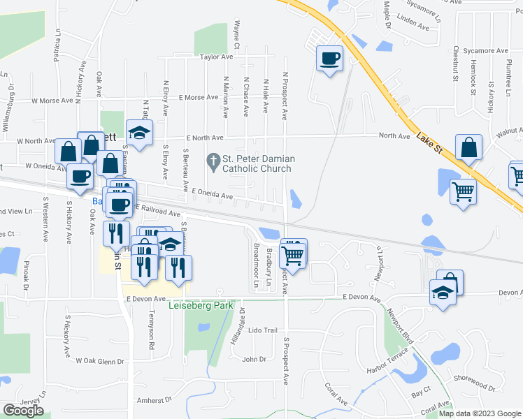 map of restaurants, bars, coffee shops, grocery stores, and more near 490 East Railroad Avenue in Bartlett