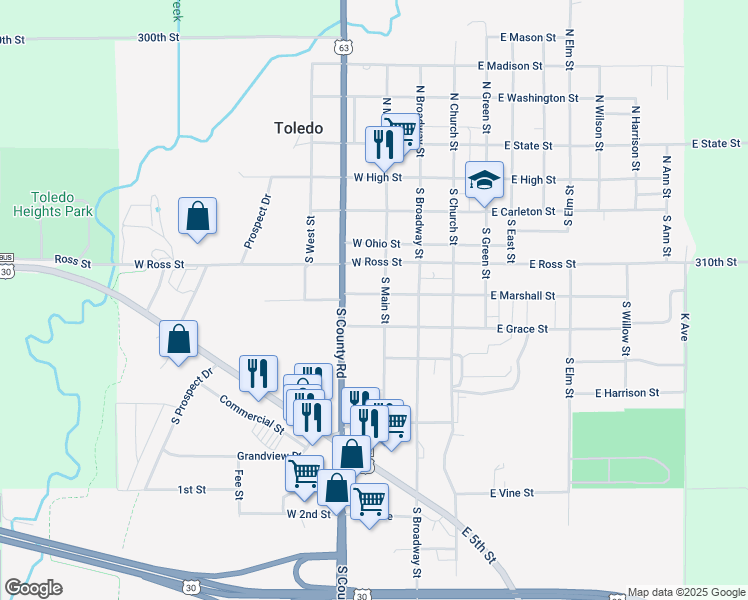 map of restaurants, bars, coffee shops, grocery stores, and more near 500 South Main Street in Toledo