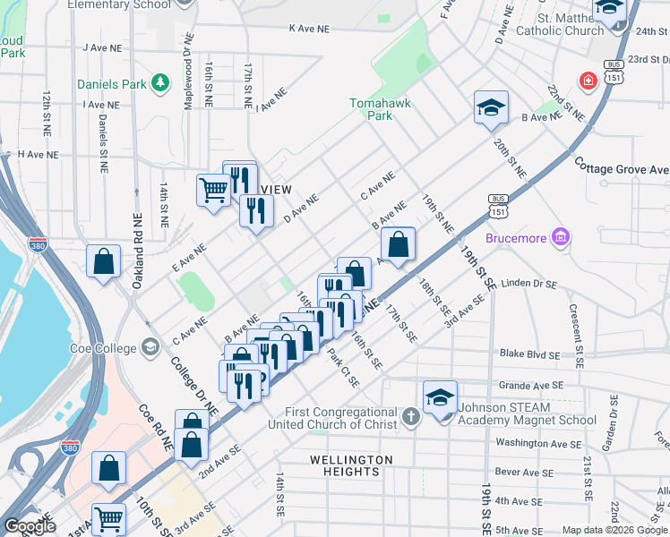 map of restaurants, bars, coffee shops, grocery stores, and more near 1640 A Avenue Northeast in Cedar Rapids