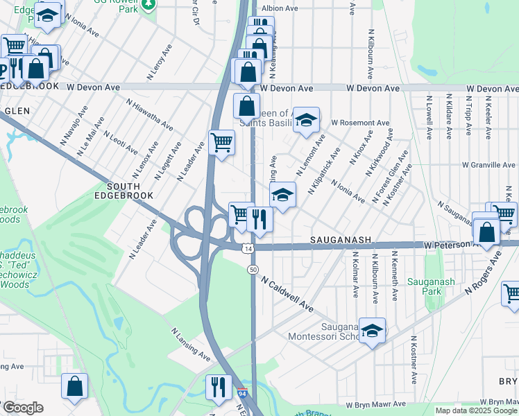 map of restaurants, bars, coffee shops, grocery stores, and more near 6107 North Cicero Avenue in Chicago