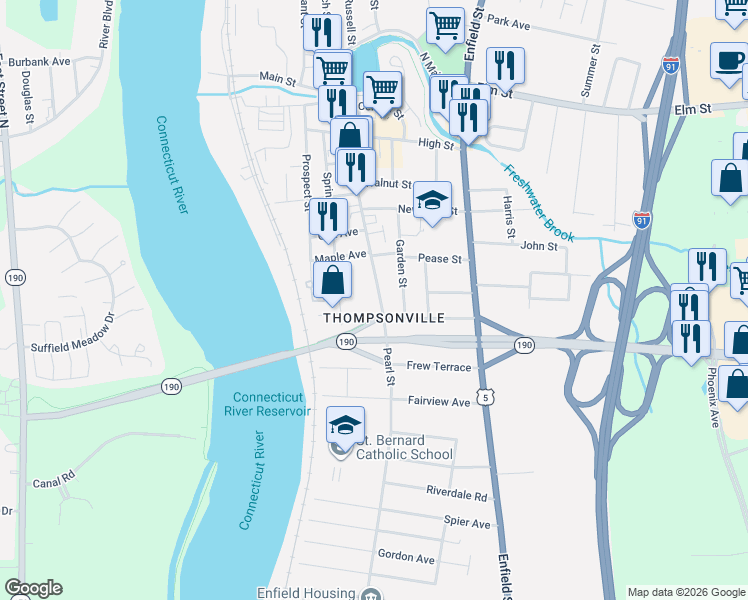 map of restaurants, bars, coffee shops, grocery stores, and more near 158 Pearl Street in Enfield