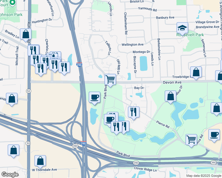 map of restaurants, bars, coffee shops, grocery stores, and more near 555 Pierce Road in Itasca