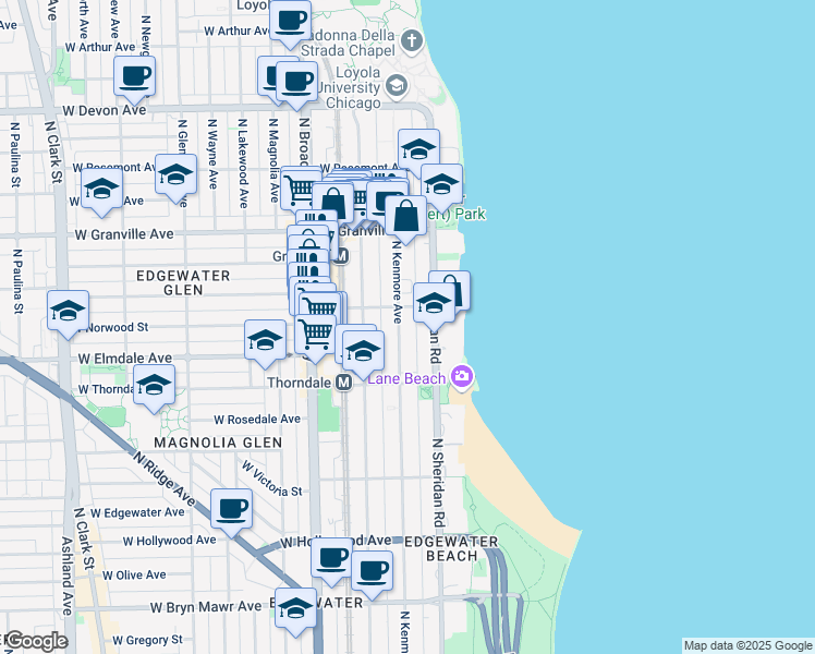 map of restaurants, bars, coffee shops, grocery stores, and more near 6106 North Kenmore Avenue in Chicago
